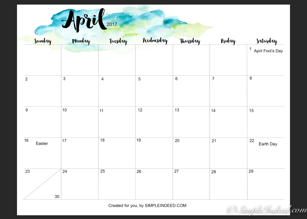 watercolor calendar April 2017