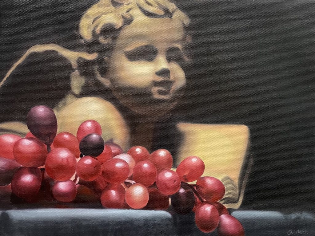 Sherub and Grapes Still Life Oil Painting 9x12 by QI HAN